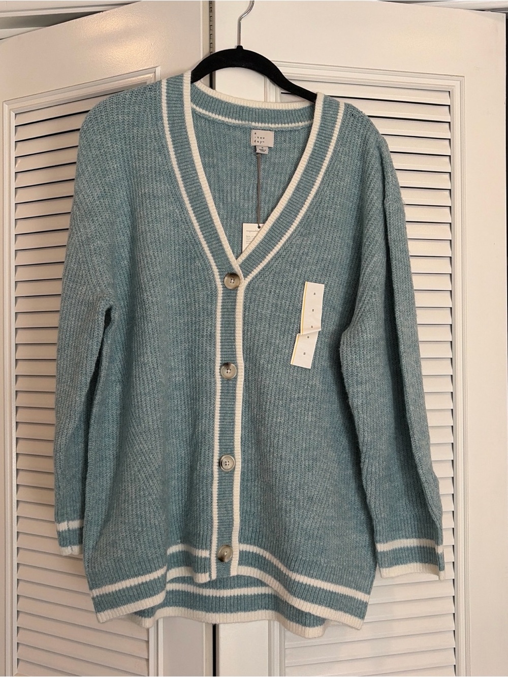 a new day Blue V-Neck Button Front Cardigan with White Trim
